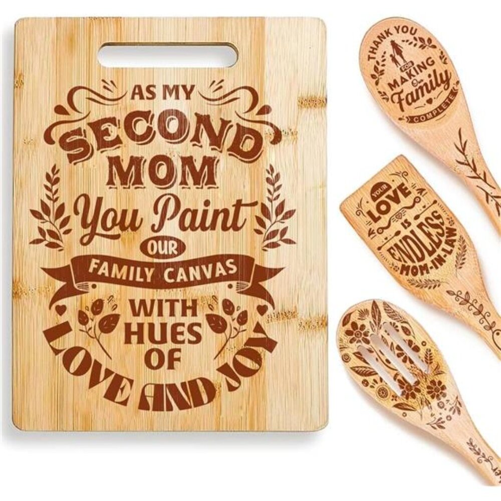 2nd Mom 4-piece Set – Wooden Cooking Spoons and Cutting Board- Mother's Day